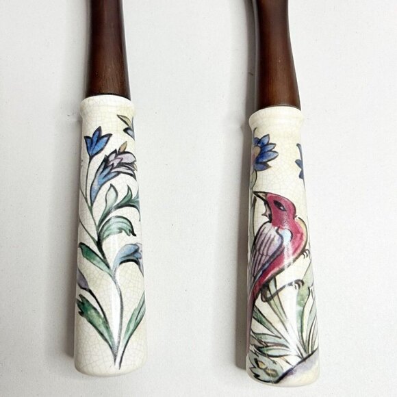 Wooden Salad Serving Fork Spoon Set w/ Porcelain Floral/Bird Handles 13" - Picture 3 of 8